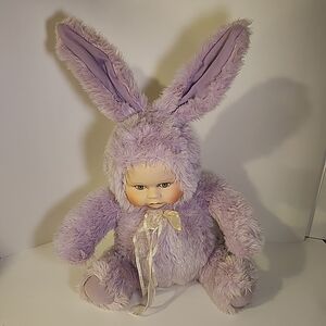 Vintage Porcelain Face Plush Bunny Doll 17" Realistic Heavy Stuffed Rabbit